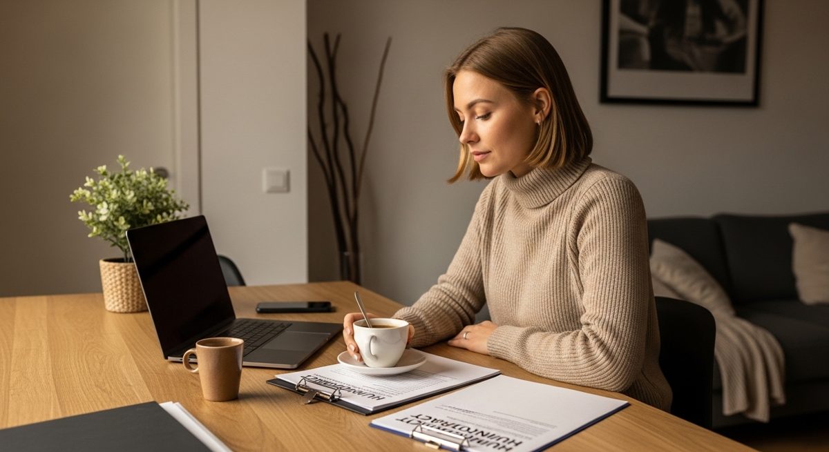 Vrouw bekijkt haar huurcontract en administratie aan de keukentafel, Vlaamse huurpremie