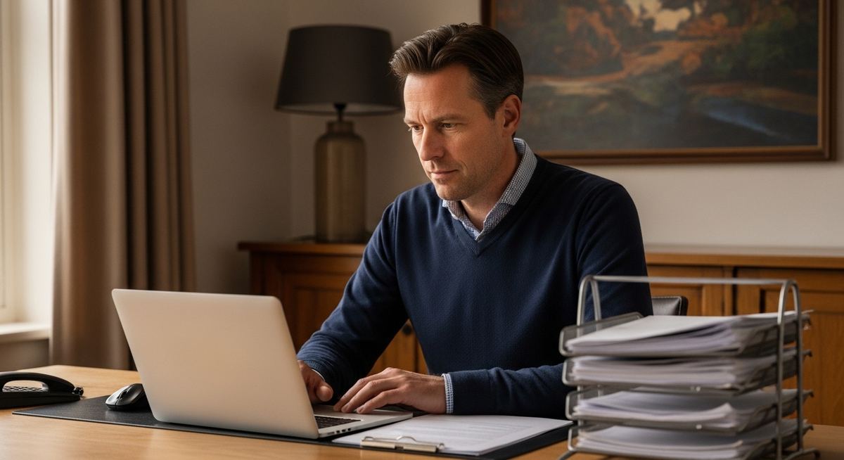 Invaliditeitsuitkering: man bekijkt thuis zijn documenten van het ziekenfonds