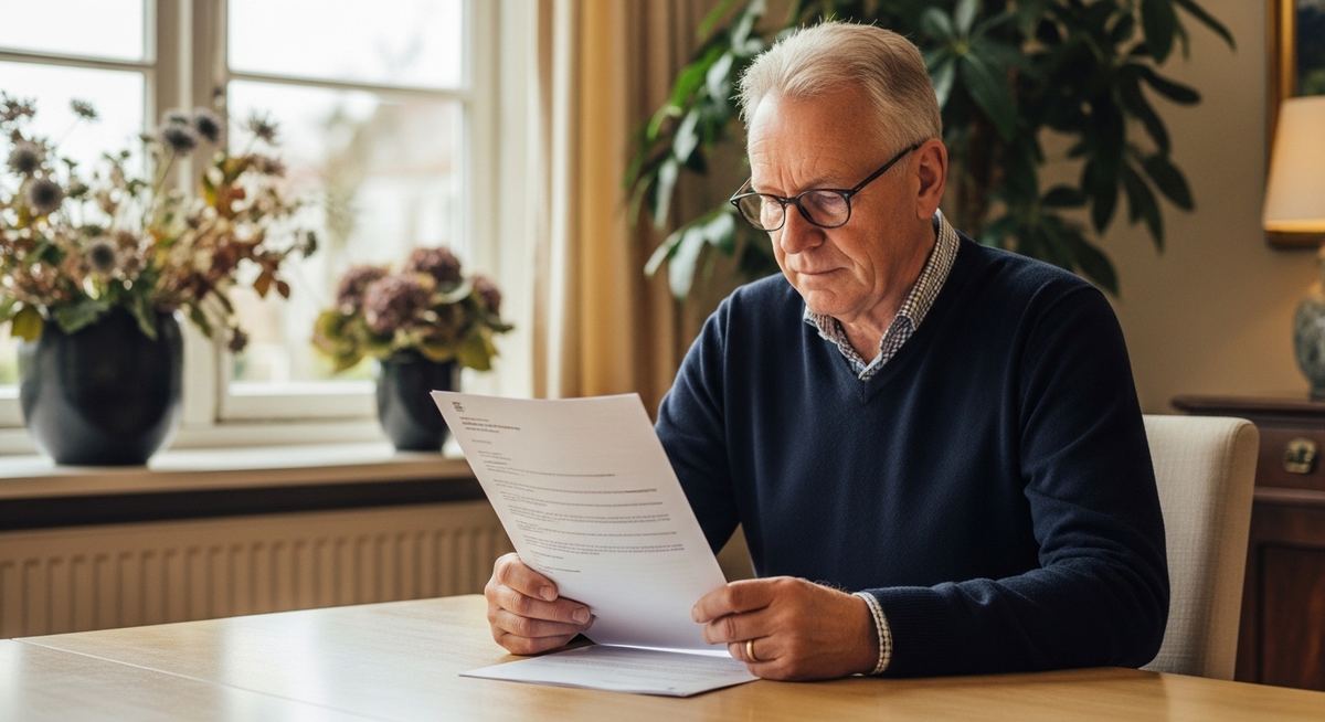 Minimumpensioen in Belgie: gepensioneerde man bekijkt thuis zijn pensioendocumenten