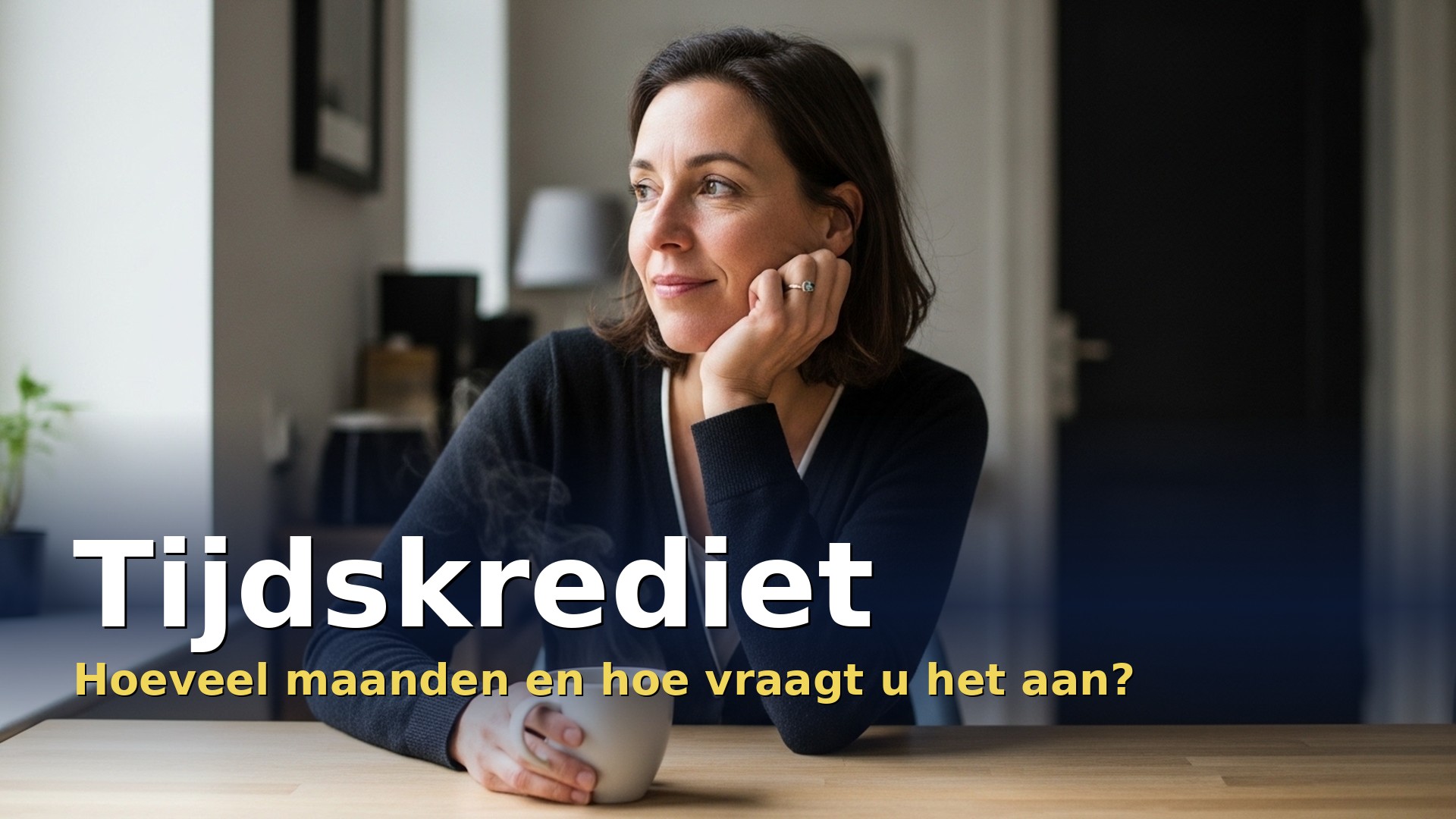 Vrouw van rond de 45 neemt een pauze aan de keukentafel tijdens haar tijdskrediet