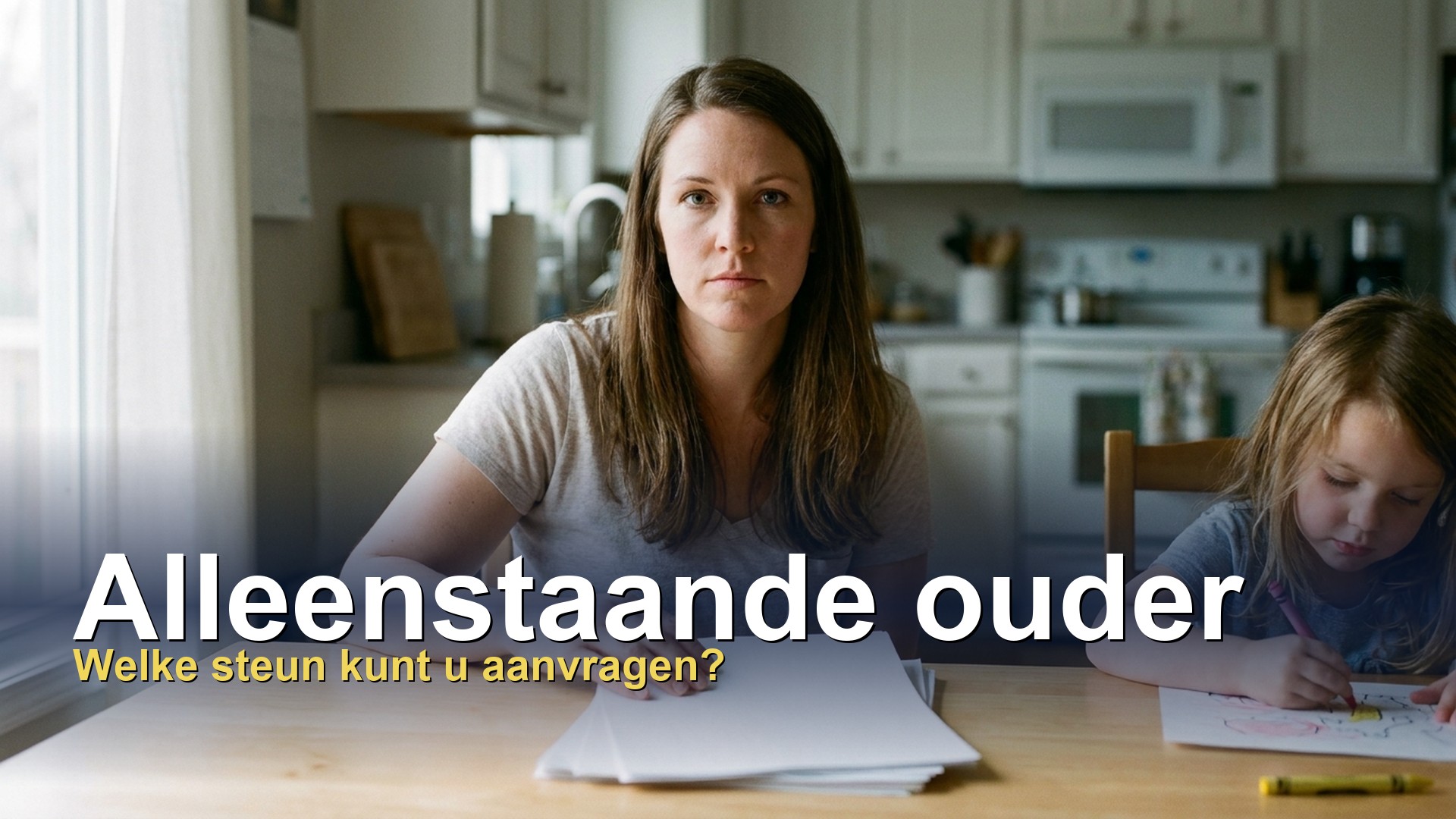 Alleenstaande moeder aan de keukentafel met haar dochter terwijl ze haar aanvraag voor gezinssteun voorbereidt