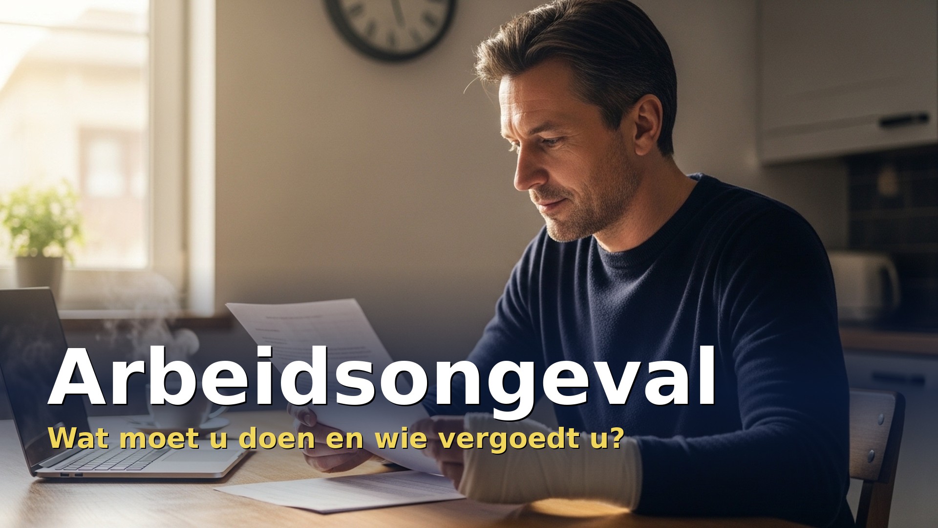 Man met een verband om zijn pols bekijkt thuis de aangifte van zijn arbeidsongeval