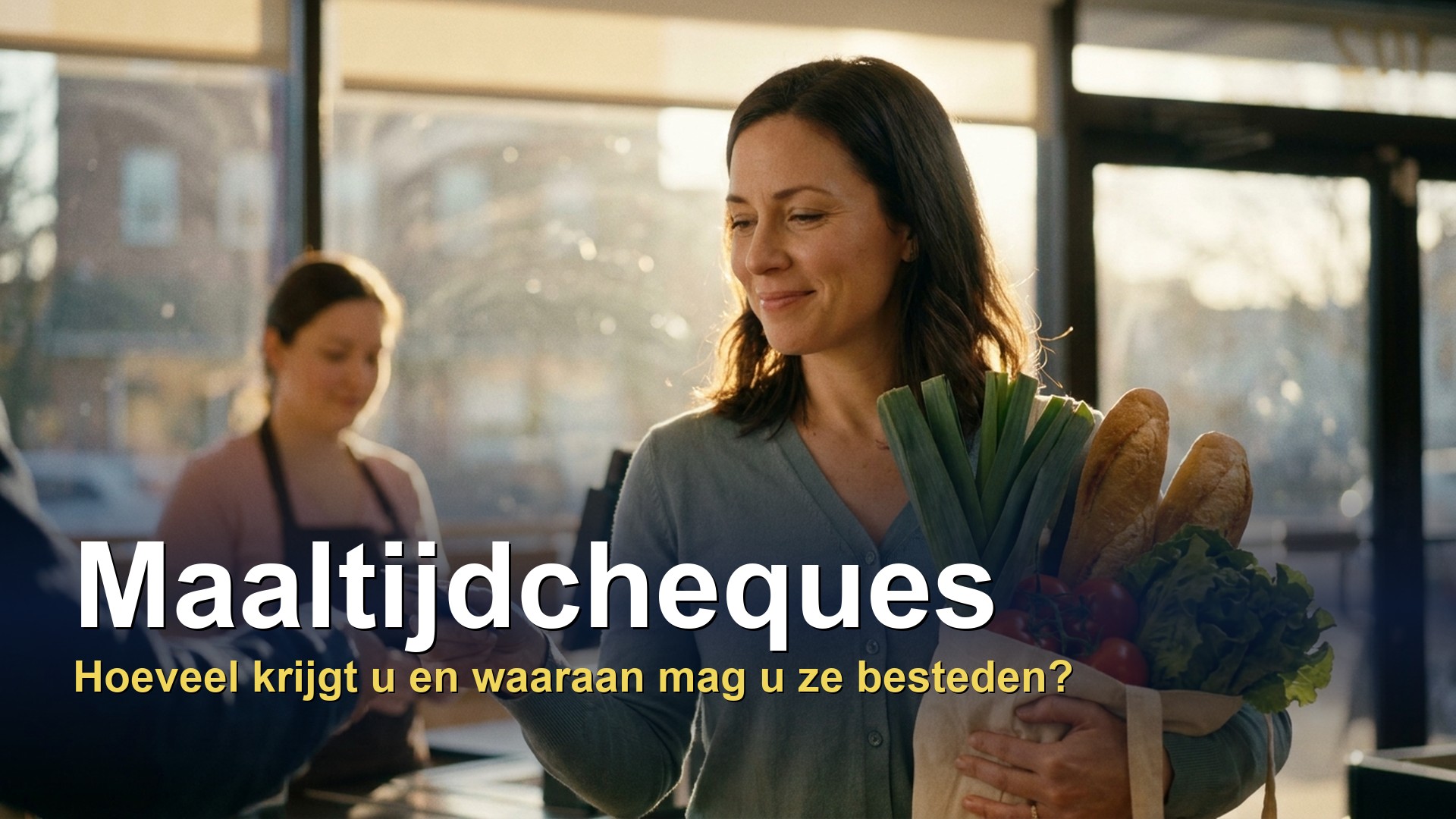 Maaltijdcheques: vrouw betaalt haar boodschappen aan de kassa van een buurtsupermarkt