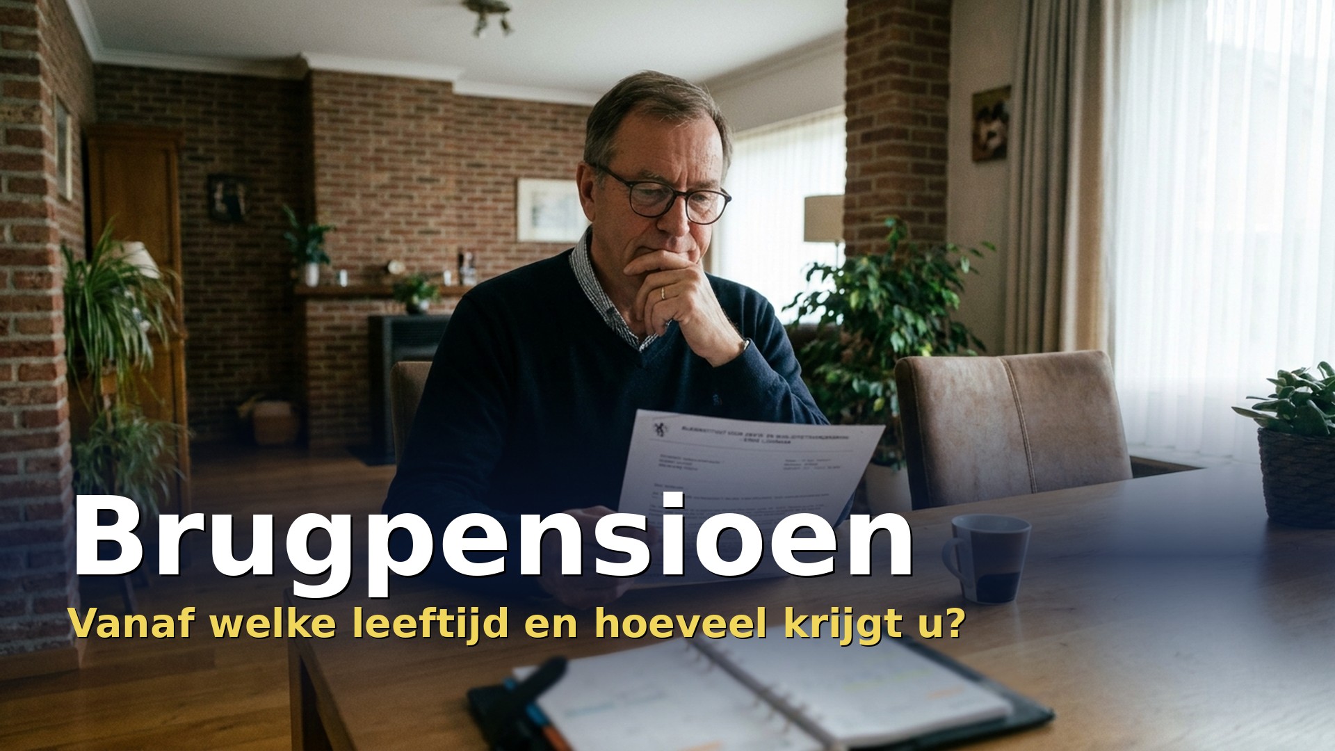 Man van 61 jaar leest aan de keukentafel de brief over zijn brugpensioen of SWT