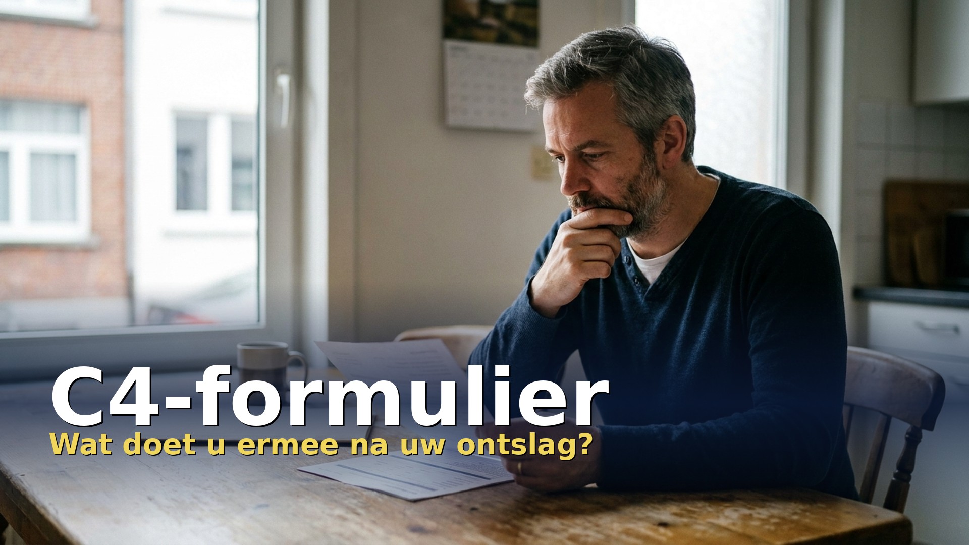 C4-formulier: man leest aan de keukentafel het werkloosheidsbewijs van zijn werkgever