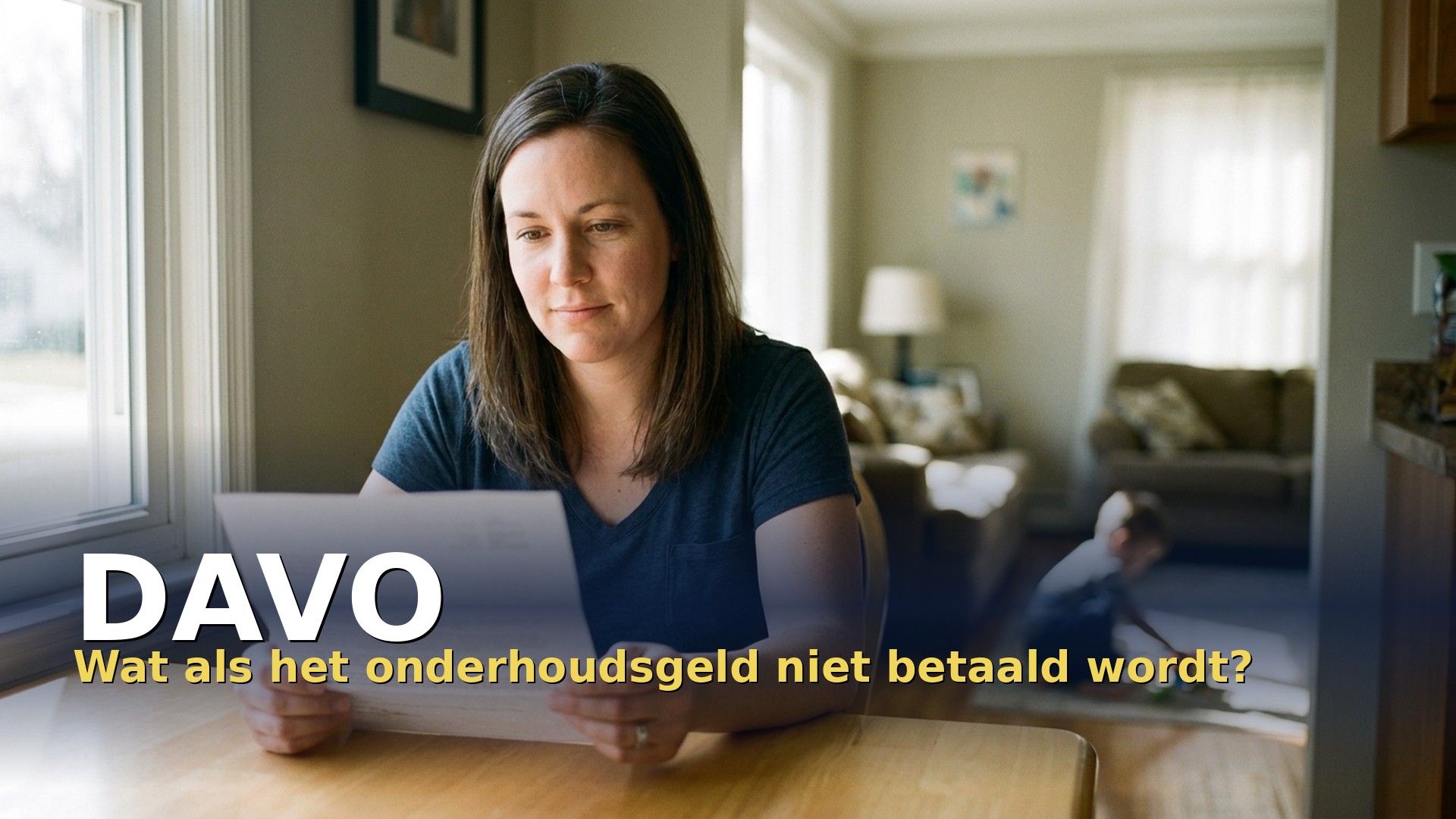Alleenstaande ouder leest een brief over onbetaald onderhoudsgeld, DAVO voorschot