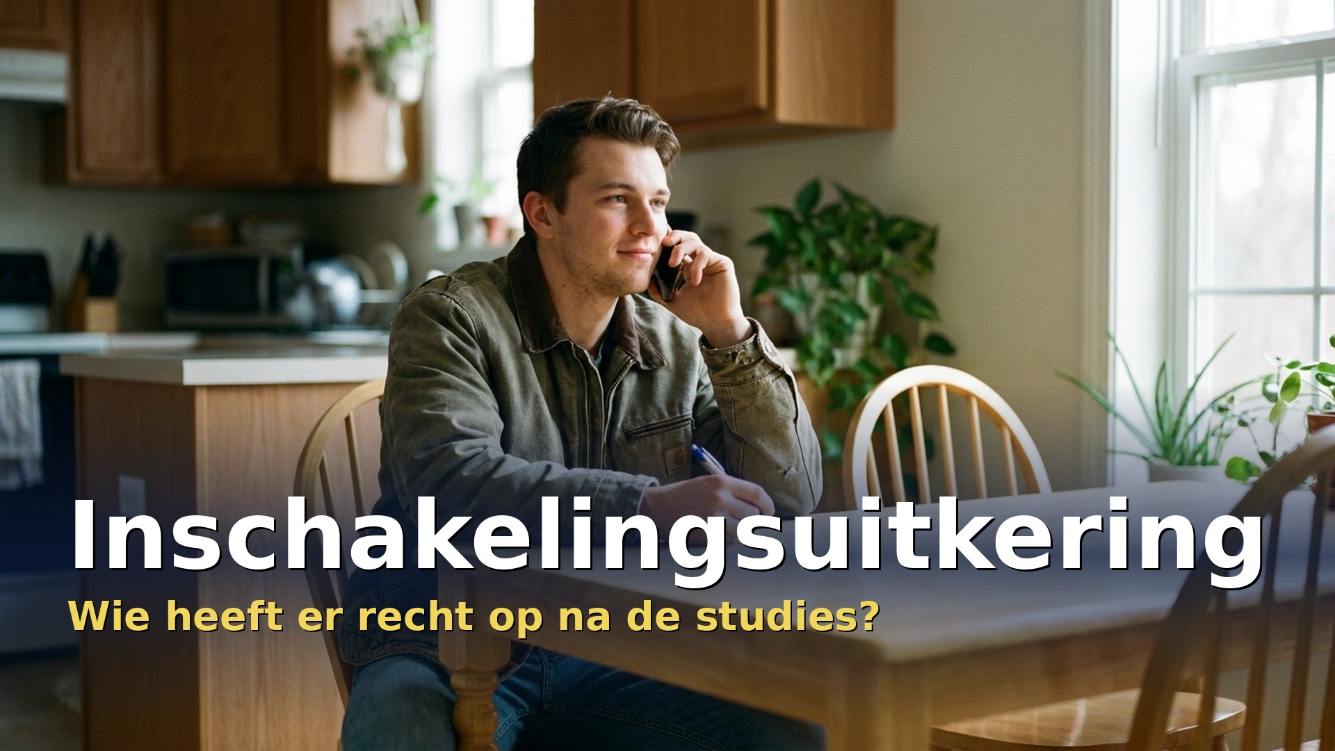 Inschakelingsuitkering: jonge werkzoekende belt na zijn studies aan de keukentafel