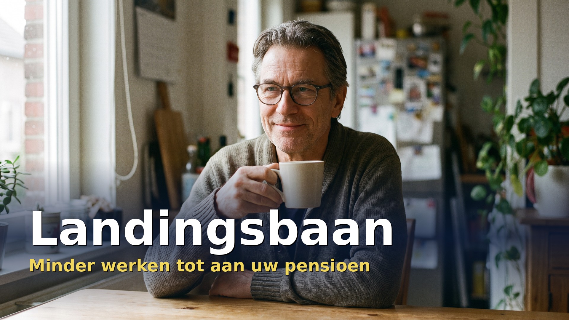 Landingsbaan: man van rond de 60 drinkt ontspannen koffie aan de keukentafel