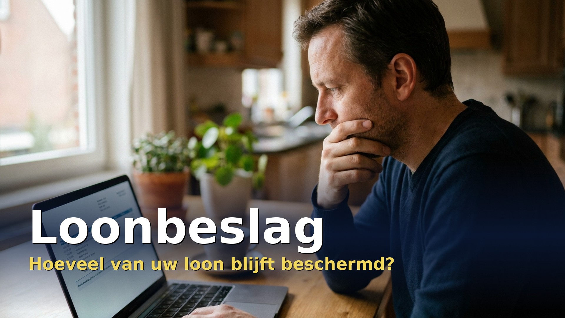 Loonbeslag: werknemer bekijkt bezorgd zijn loonstrook aan de keukentafel