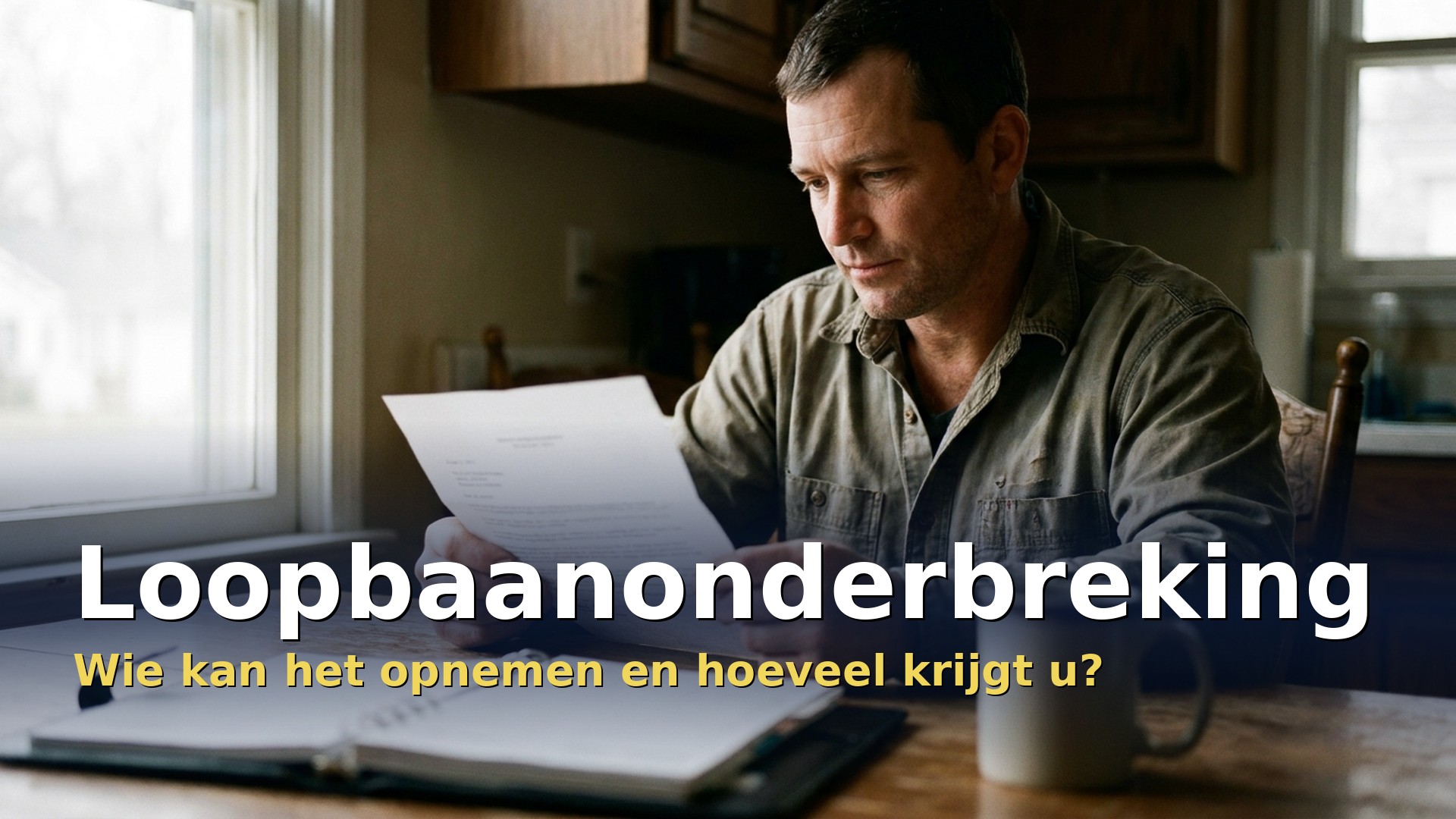 Loopbaanonderbreking in Belgie: werknemer leest een brief van zijn werkgever aan de keukentafel