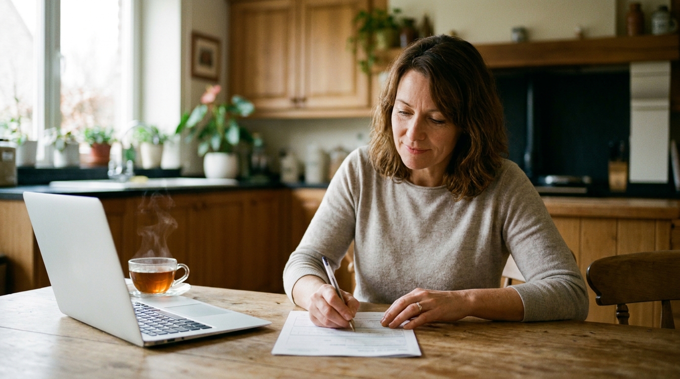 Fotorealistische foto van een vrouw van ongeveer 45 jaar die aan een houten keukentafel zit en aandachtig een officieel