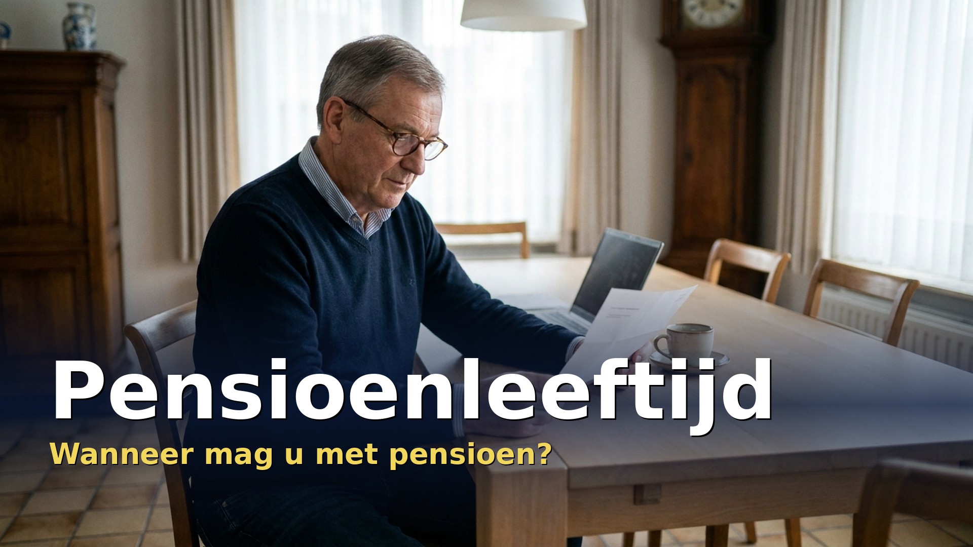 Pensioenleeftijd: man van rond de 63 leest aan de eettafel een brief over zijn pensioendatum