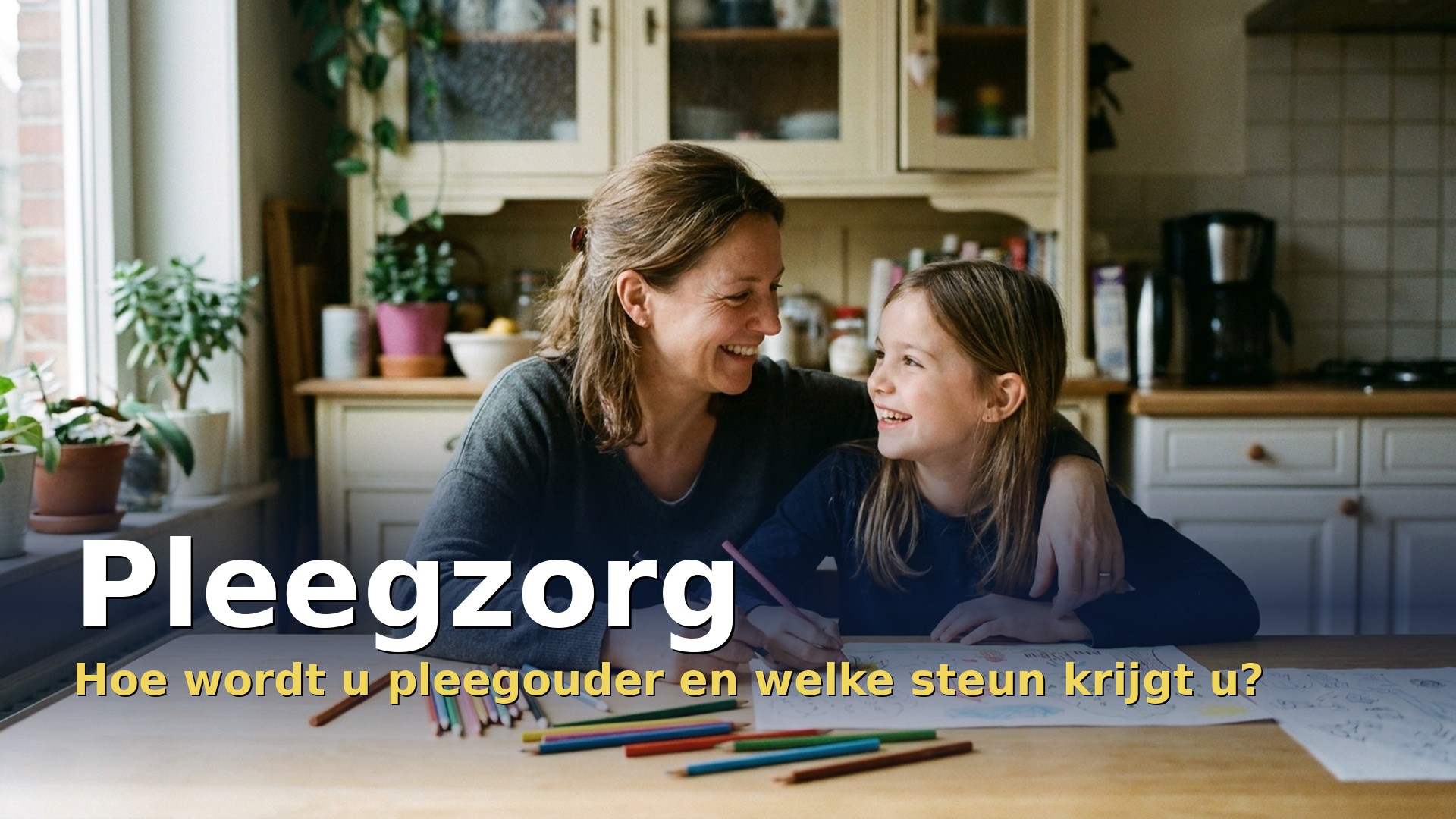 Pleegzorg: pleegmoeder tekent samen met haar pleegdochter aan de keukentafel