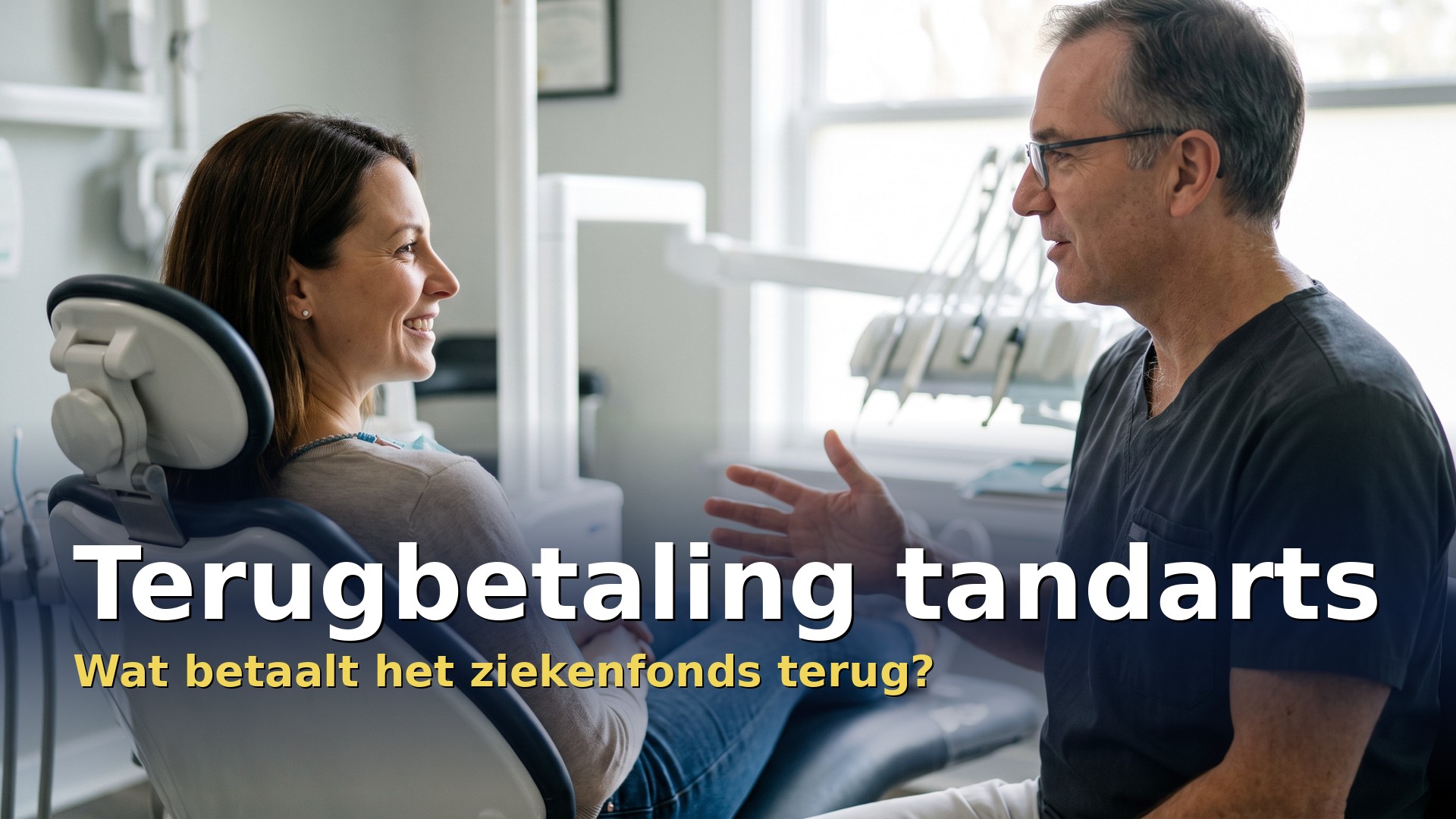 Terugbetaling tandarts: tandarts legt een patiënte in de behandelstoel uit wat het ziekenfonds terugbetaalt
