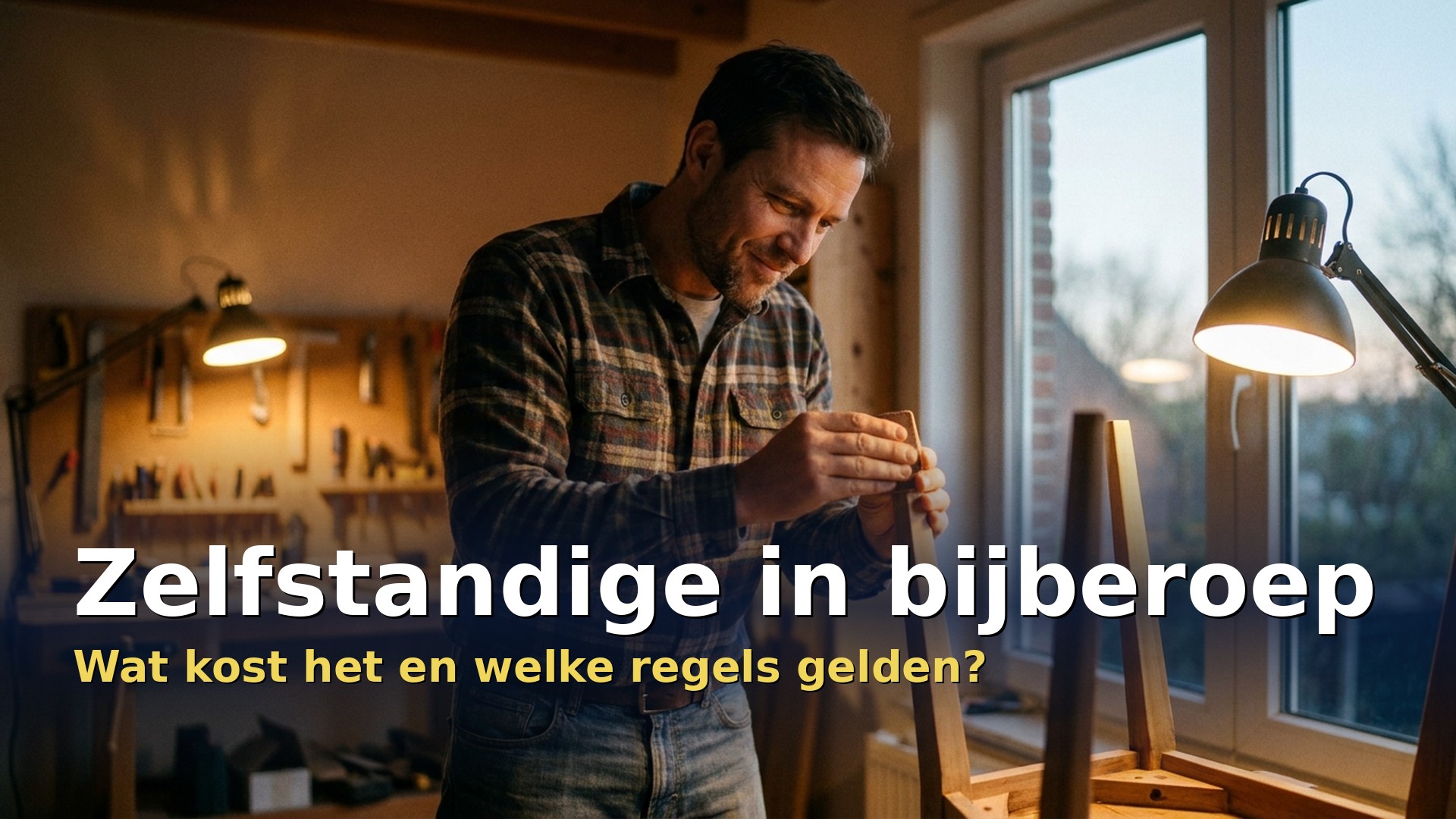 Zelfstandige in bijberoep werkt 's avonds in zijn atelier aan een houten meubelstuk