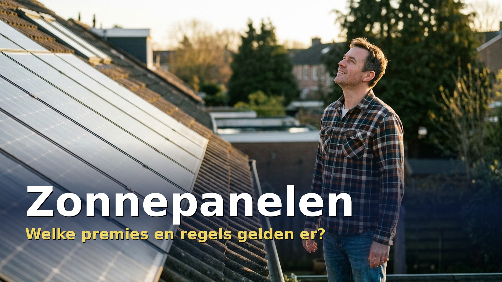Eigenaar kijkt naar de zonnepanelen op het dak van zijn woning in Vlaanderen