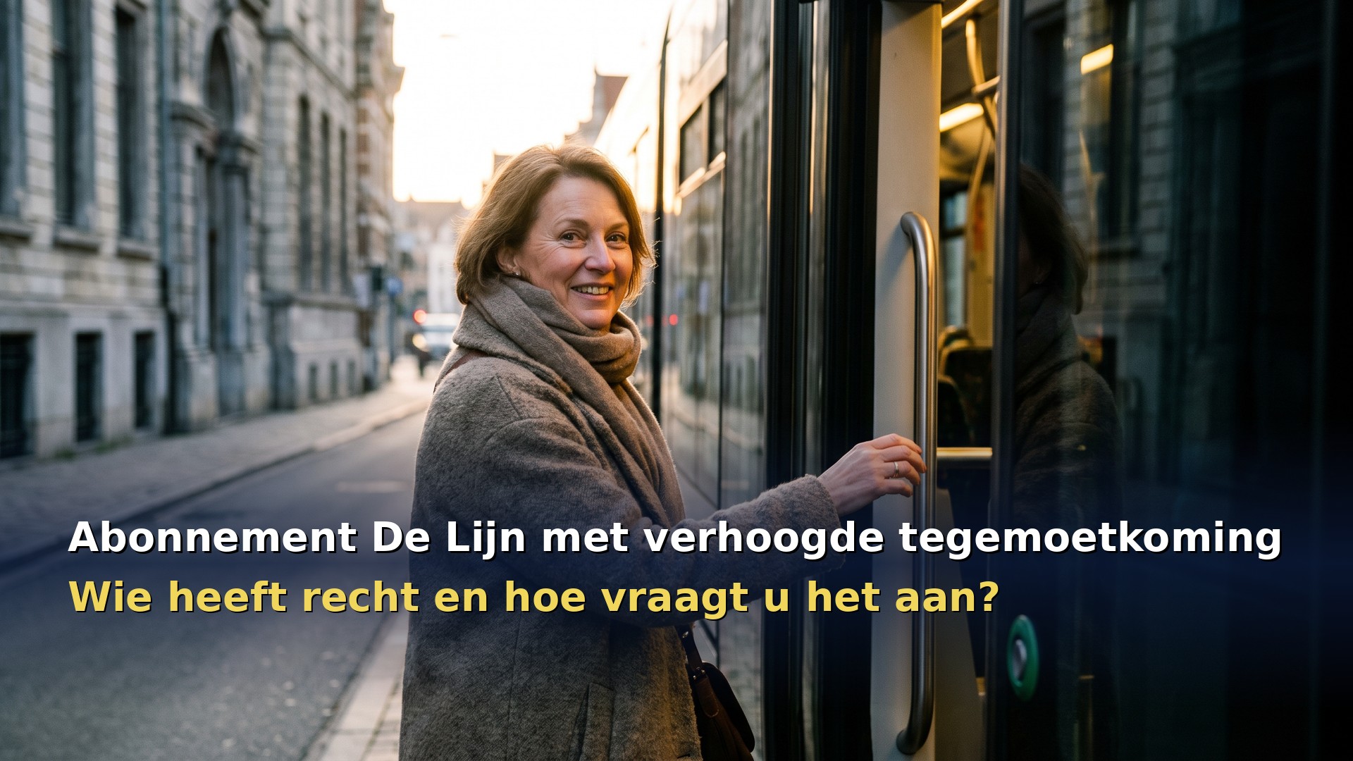 De Lijn abonnement verhoogde tegemoetkoming: vrouw stapt glimlachend op de tram in een Vlaamse stad