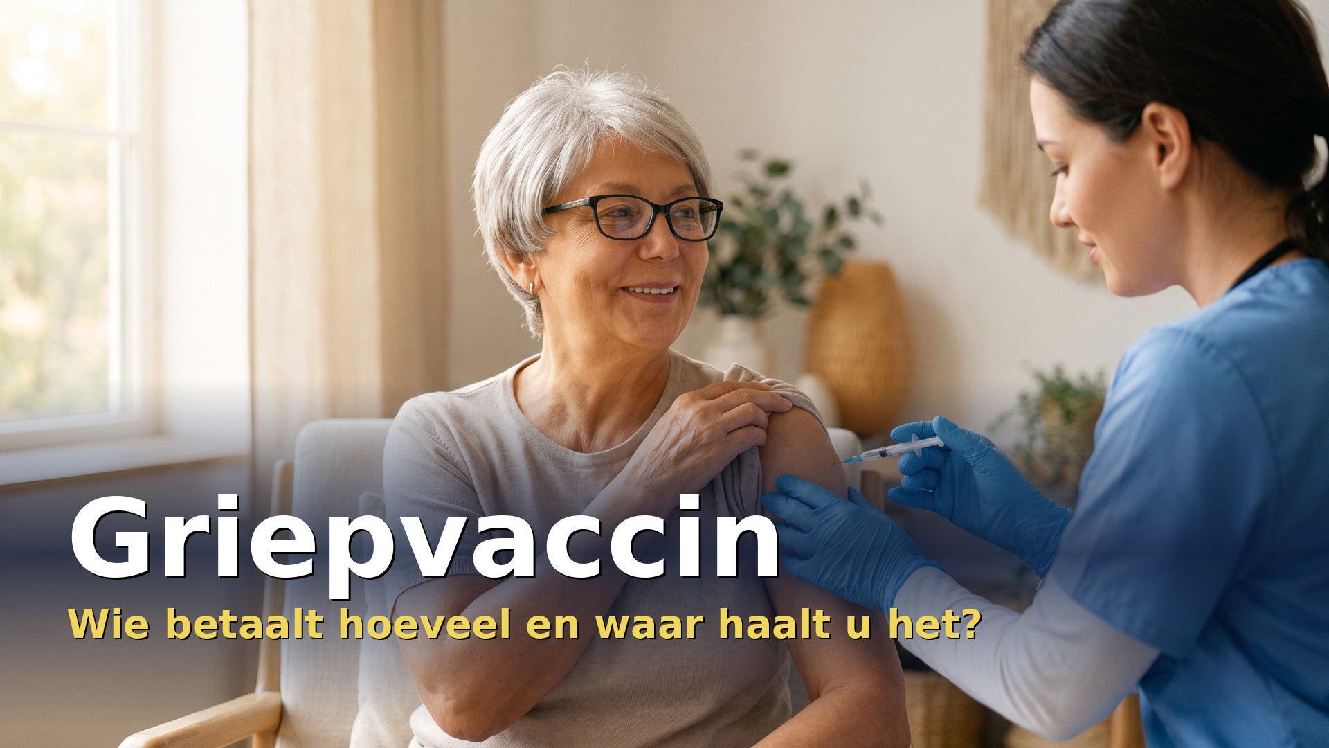 Griepvaccin: verpleegkundige dient het griepvaccin toe aan een vrouw van rond de 65