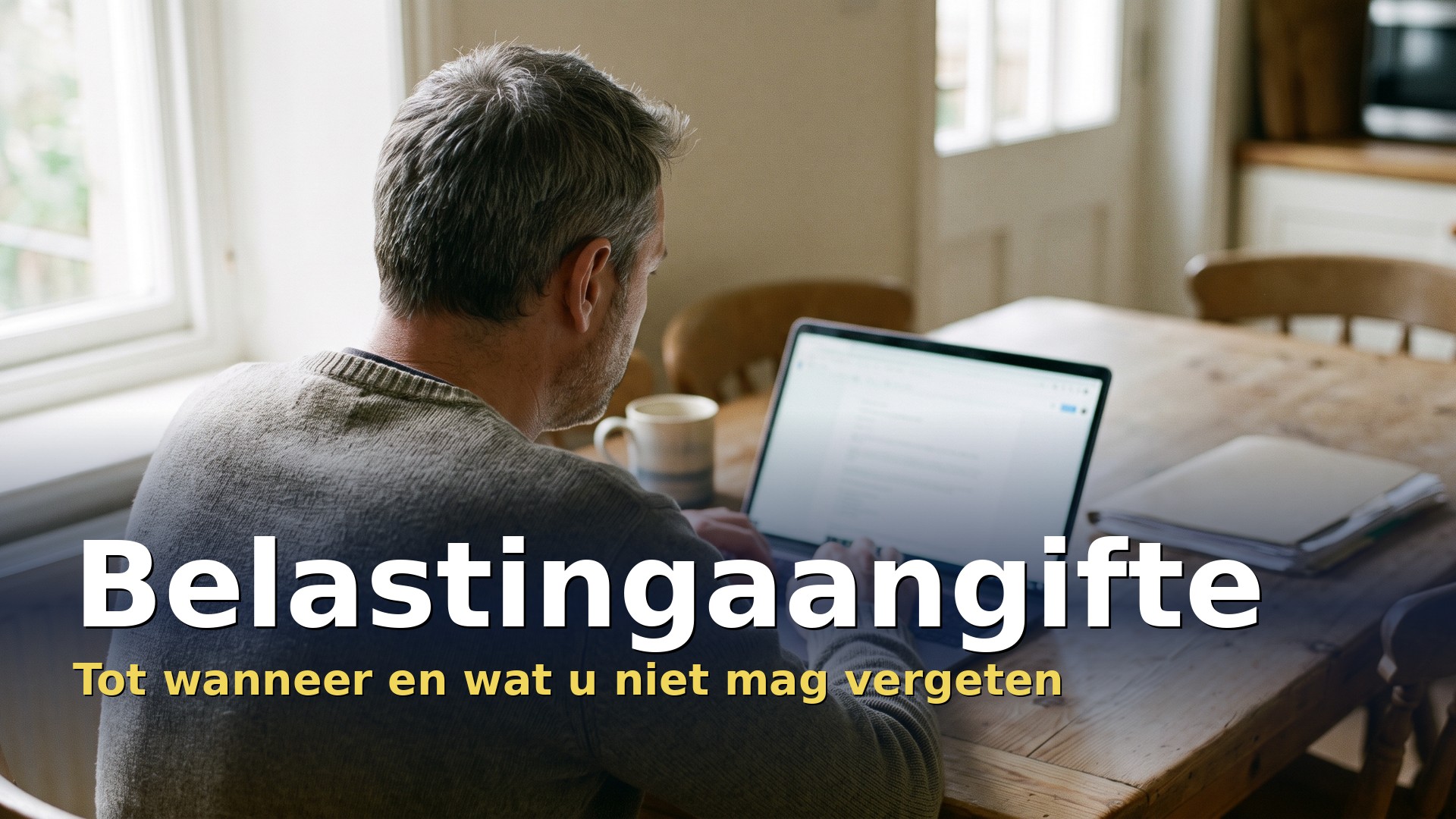 Belastingaangifte invullen: man aan de keukentafel vult zijn aangifte in via MyMinfin op de laptop