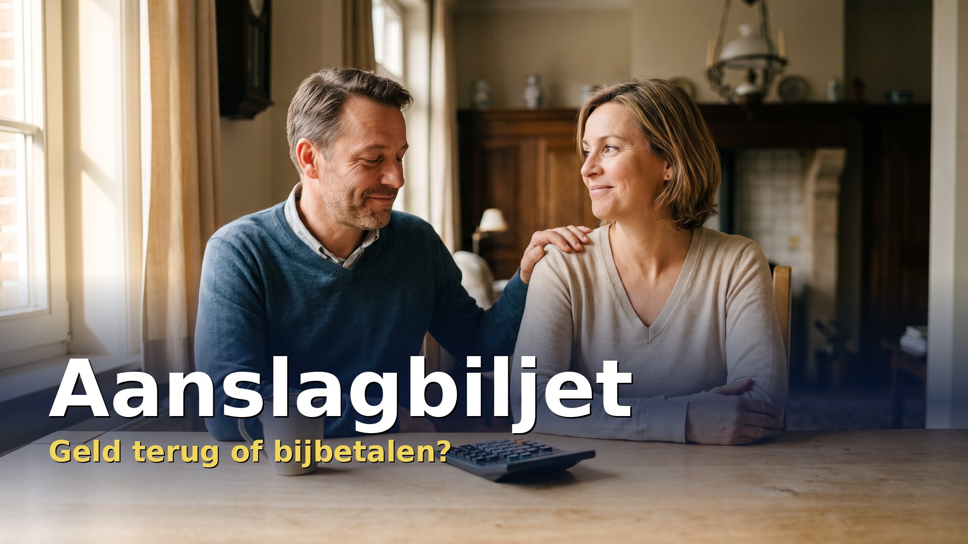 Aanslagbiljet personenbelasting: koppel aan de keukentafel, opgelucht over de belastingafrekening