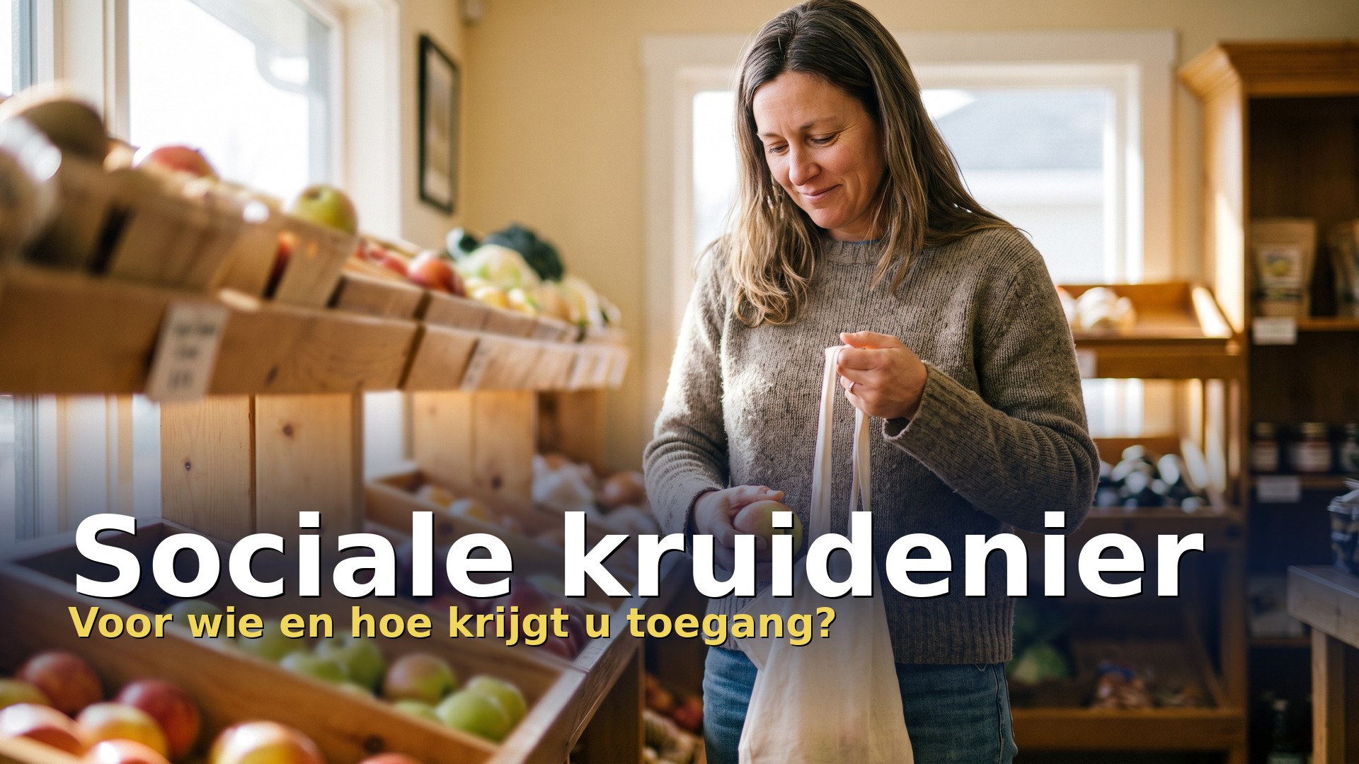 Sociale kruidenier: vrouw doet boodschappen met een herbruikbare tas in een buurtwinkel