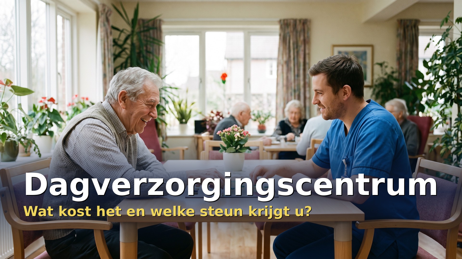 Dagverzorgingscentrum: oudere man speelt een gezelschapsspel met een verzorger in een lichte dagzaal