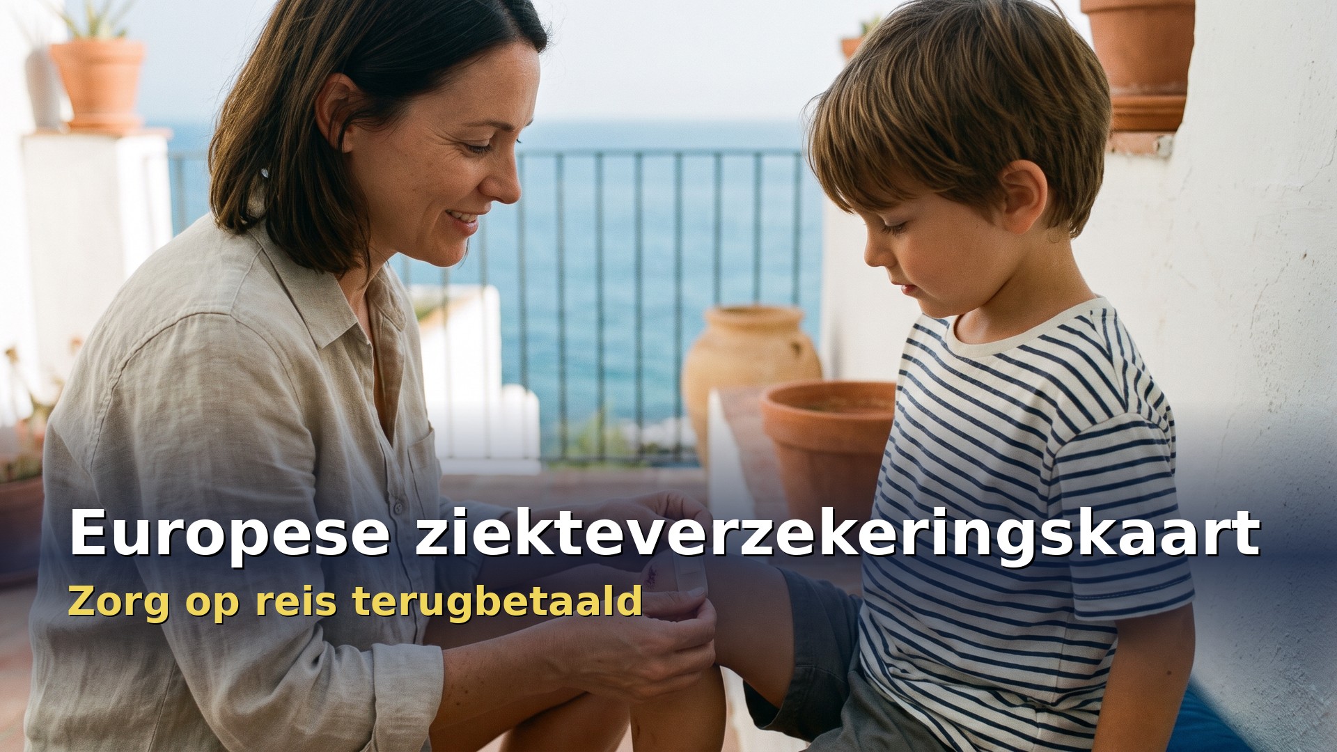 Europese ziekteverzekeringskaart: moeder verzorgt de knie van haar zoontje op het terras van een vakantieappartement aan zee