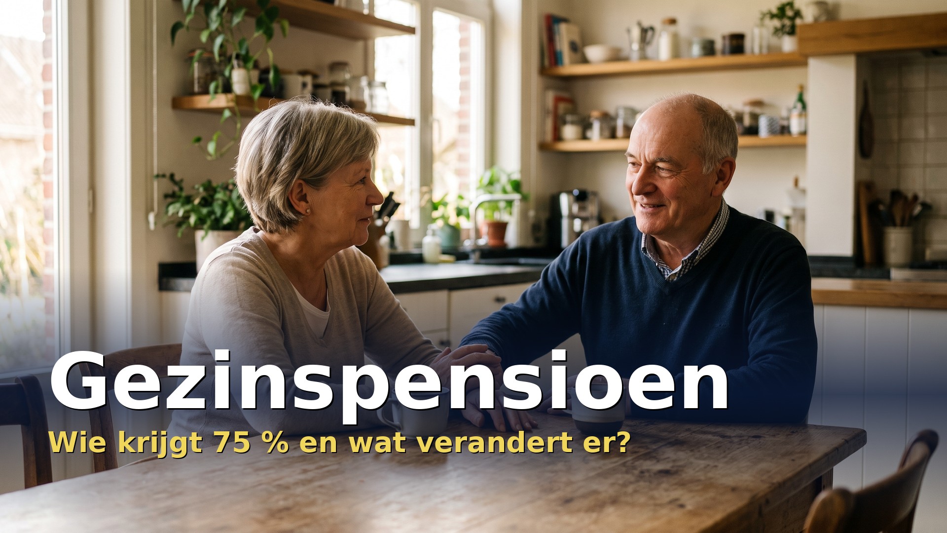 Gezinspensioen: gepensioneerd echtpaar van rond de 68 overlegt rustig aan de keukentafel