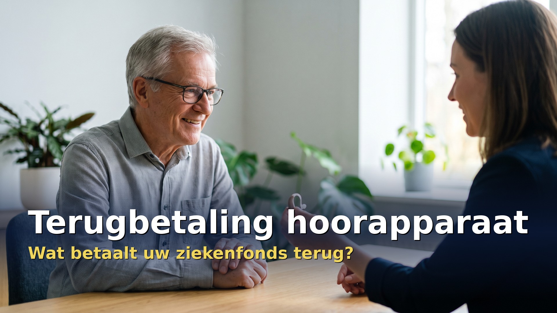 Terugbetaling hoorapparaat: audicien toont een hoortoestel aan een oudere man