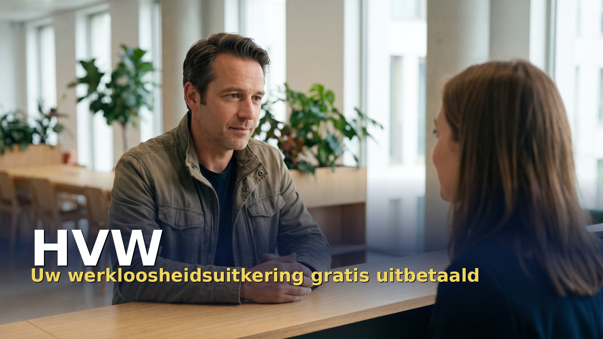 HVW: man in gesprek met een medewerker aan de balie van een kantoor van de Hulpkas voor Werkloosheidsuitkeringen