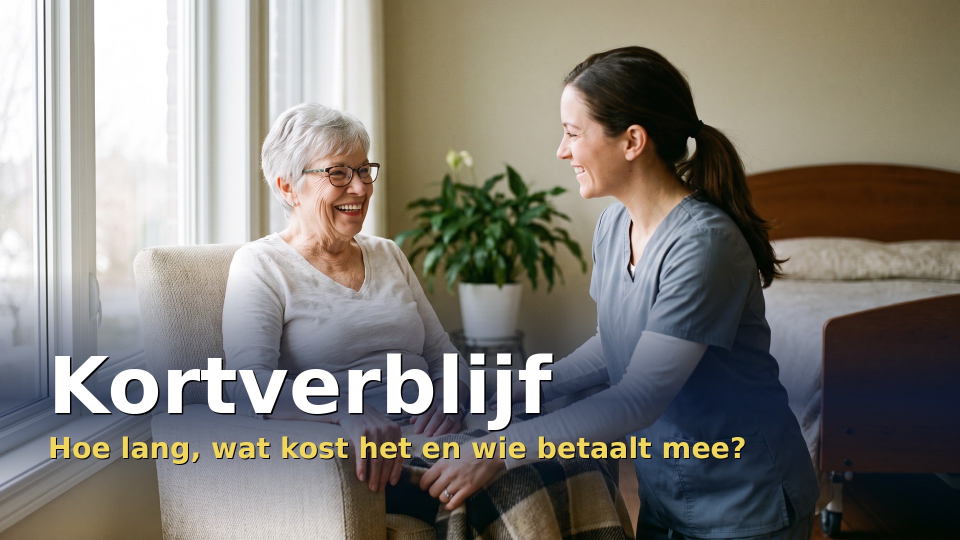 Kortverblijf: oudere vrouw krijgt hulp van een verpleegkundige in een kamer van een woonzorgcentrum