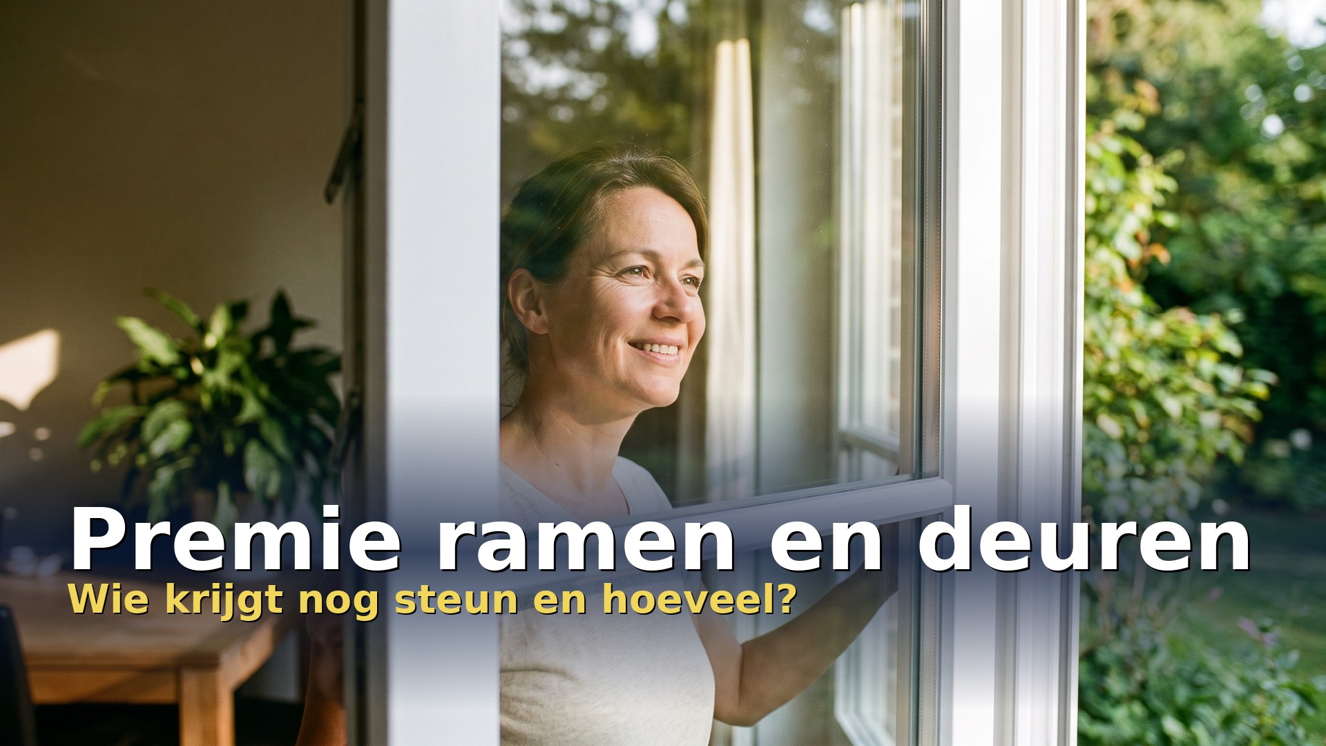 Premie ramen en deuren: vrouw opent een nieuw geplaatst raam in haar woonkamer