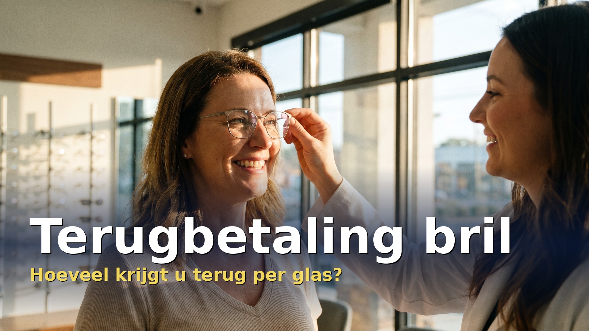 Terugbetaling bril: opticien past een nieuwe bril bij een tevreden klant in een lichte optiekzaak