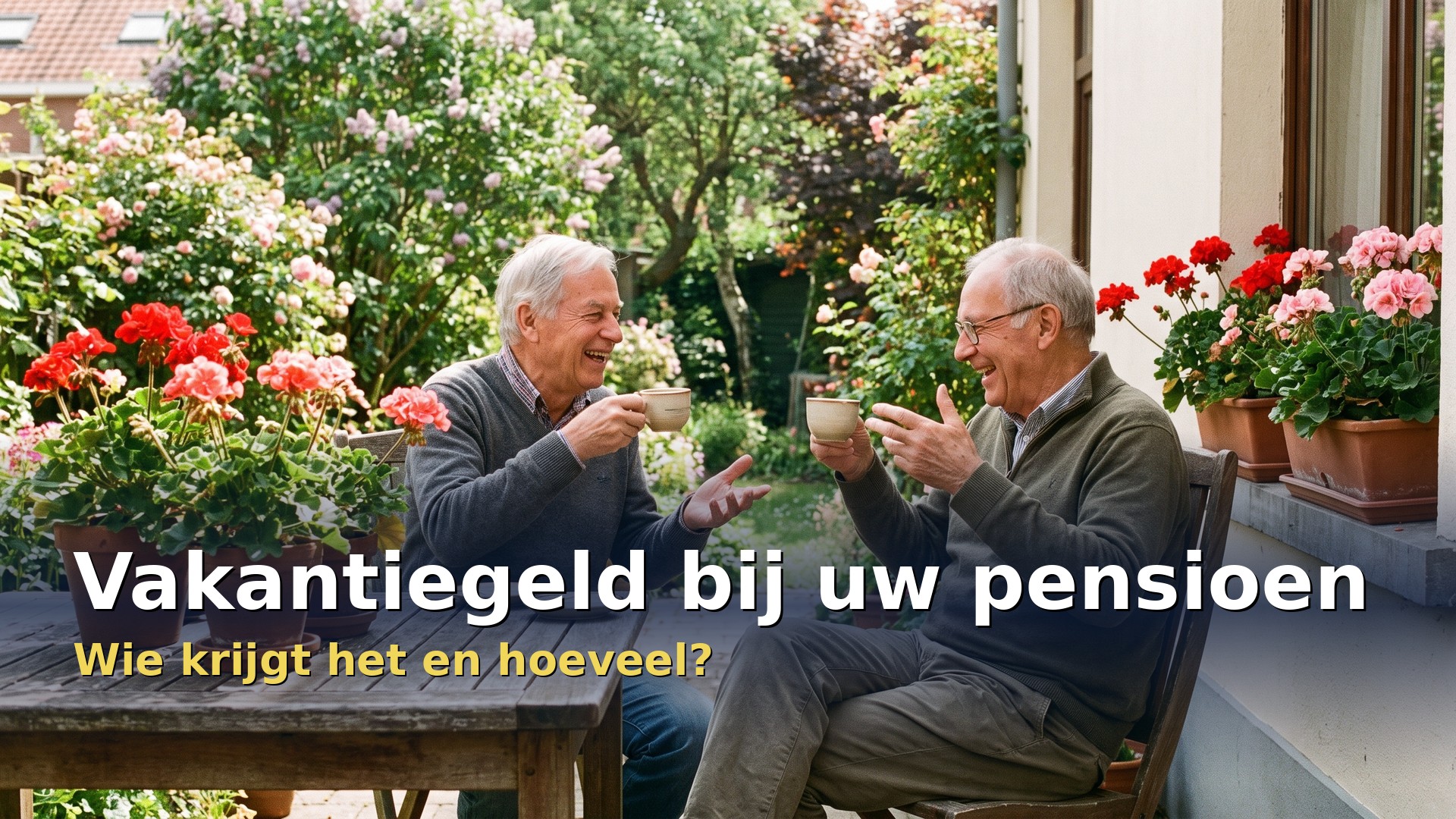 Vakantiegeld pensioen: gepensioneerd koppel drinkt lachend koffie op een terras in de lente