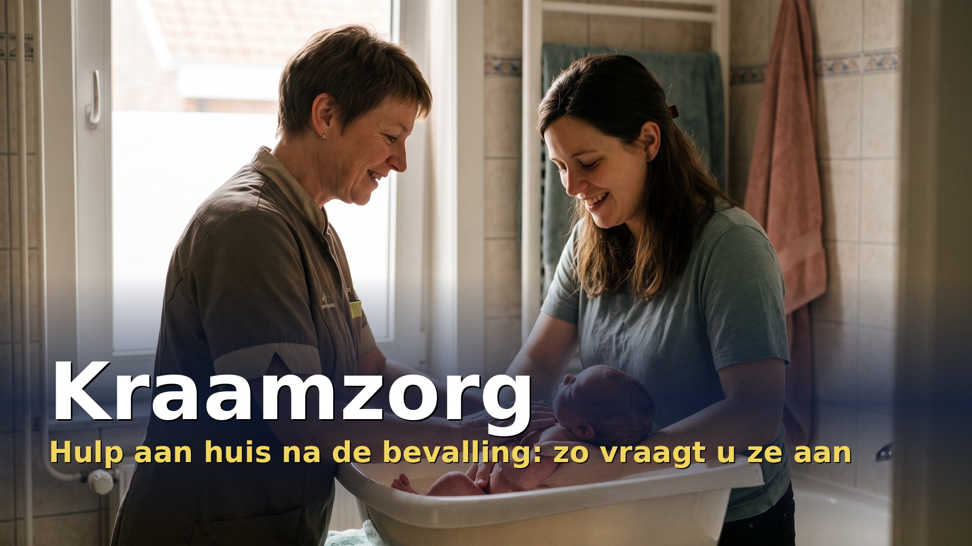 Kraamzorg: kraamverzorgende helpt een jonge moeder haar pasgeboren baby in bad te doen
