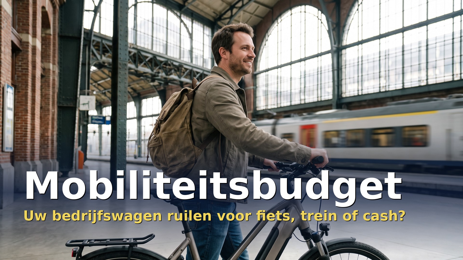 Mobiliteitsbudget: werknemer met elektrische fiets in een treinstation