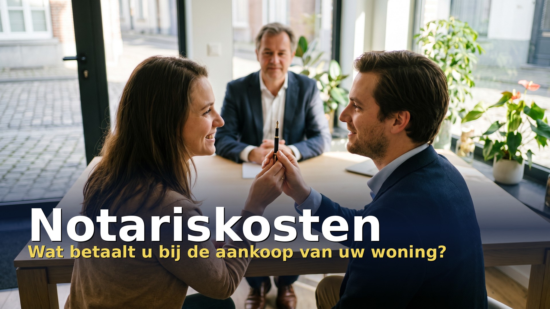 Notariskosten berekenen: jong koppel bij de notaris voor de aankoop van een woning in Vlaanderen