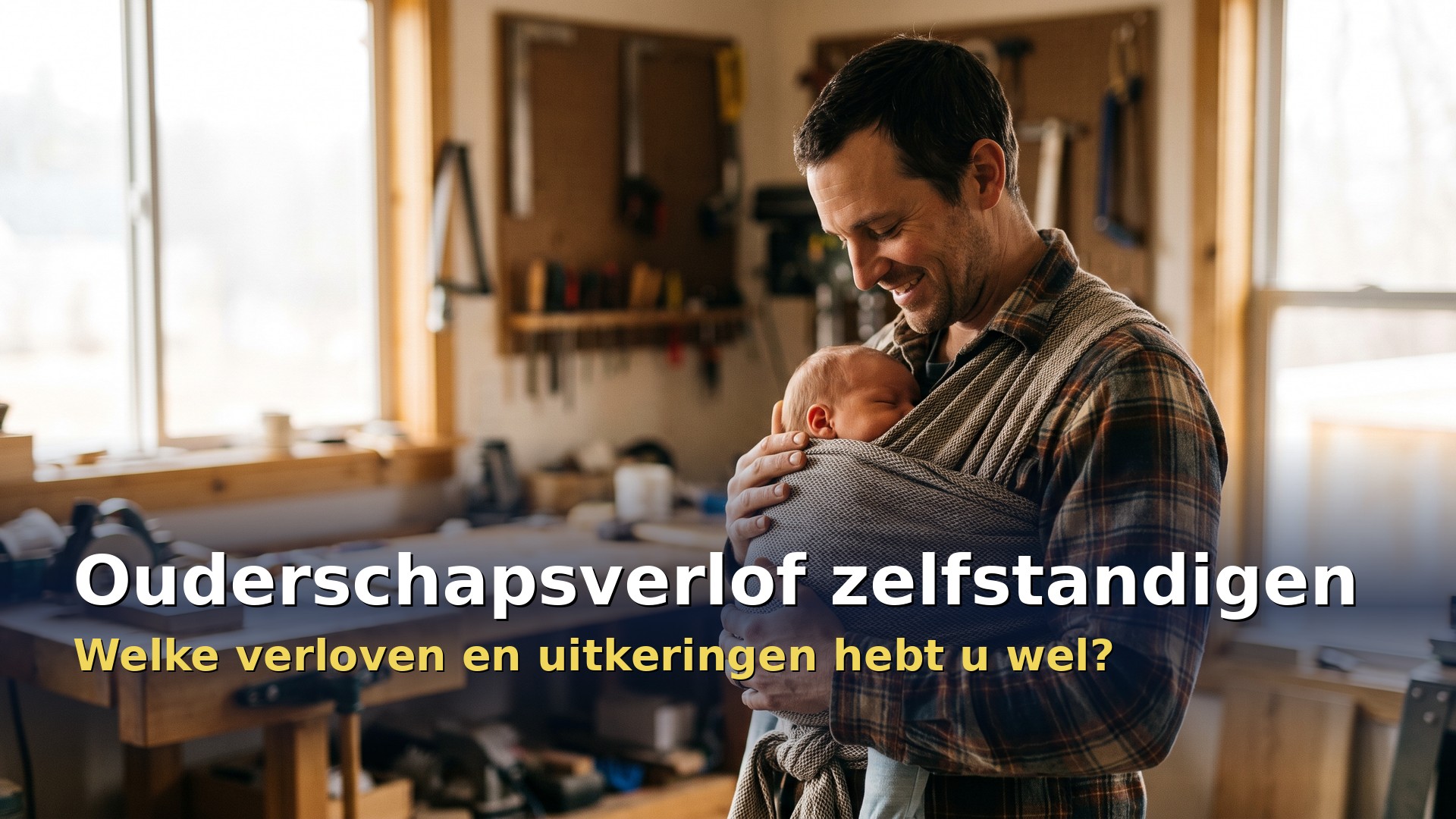 Ouderschapsverlof zelfstandigen: zelfstandige vader met zijn pasgeboren baby in een draagdoek in zijn werkplaats