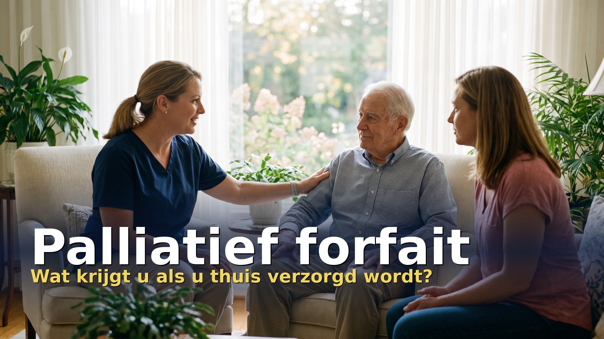 Palliatief forfait: thuisverpleegkundige praat met een oudere patiënt en zijn dochter in de woonkamer