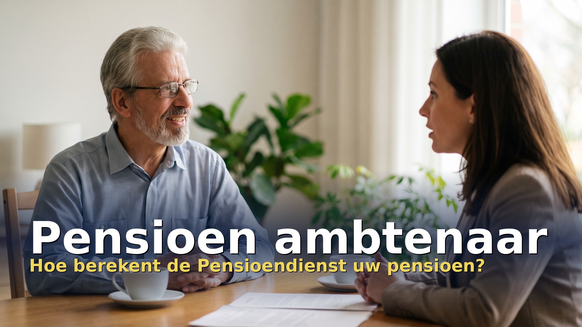 Pensioen ambtenaar: gepensioneerde ambtenaar in gesprek met een adviseuse aan de keukentafel