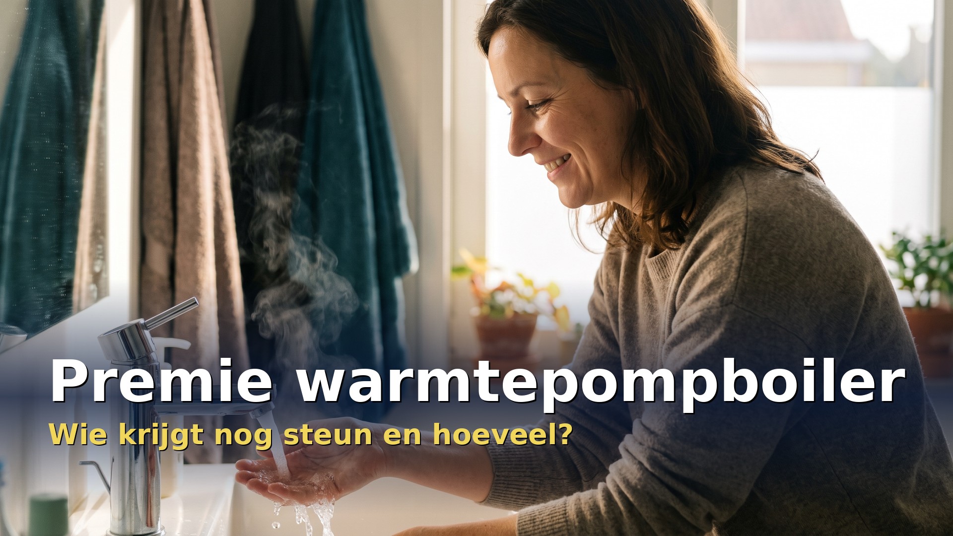 Premie warmtepompboiler: vrouw laat warm water over haar hand lopen in een lichte badkamer
