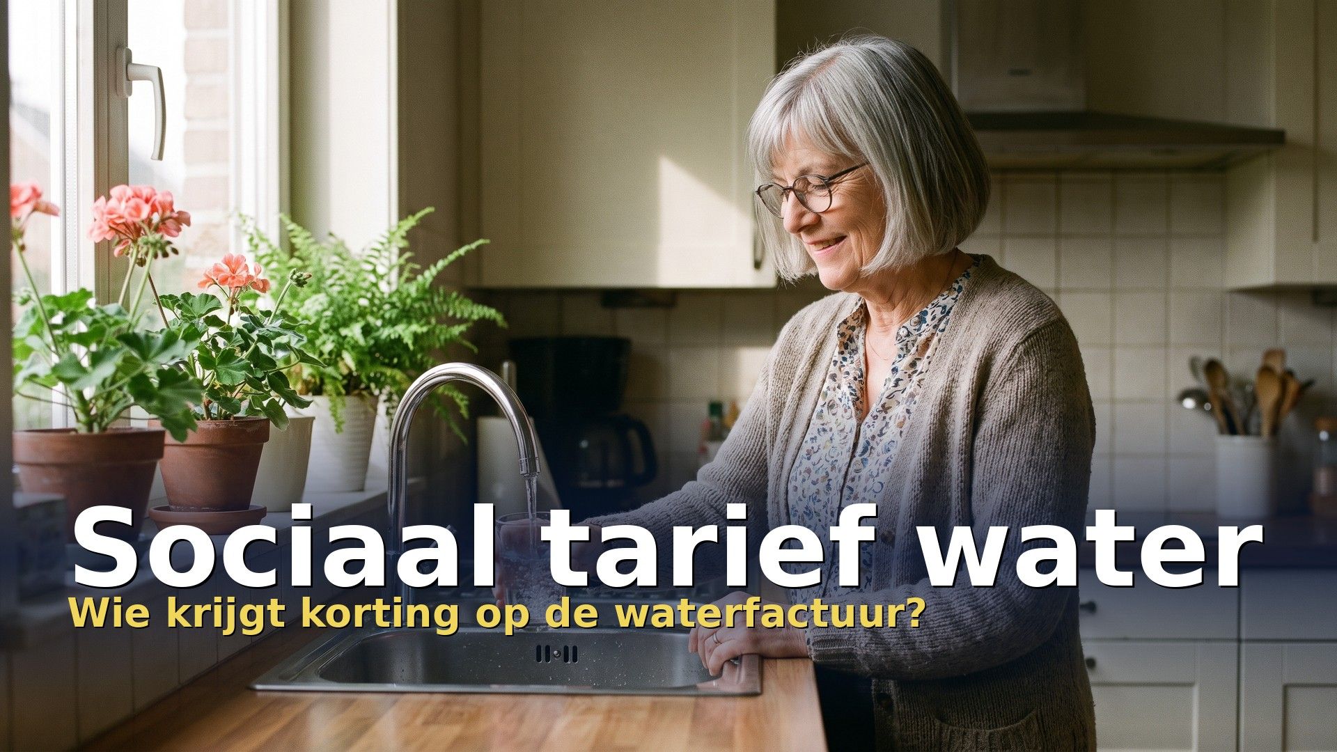 Sociaal tarief water: gepensioneerde vrouw tapt een glas kraanwater in haar keuken