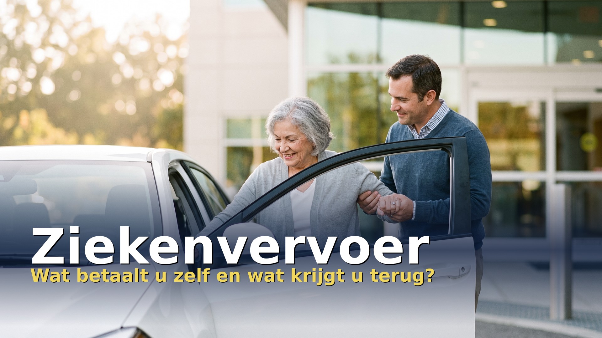 Ziekenvervoer: een oudere vrouw stapt met hulp van een chauffeur uit de wagen aan het ziekenhuis