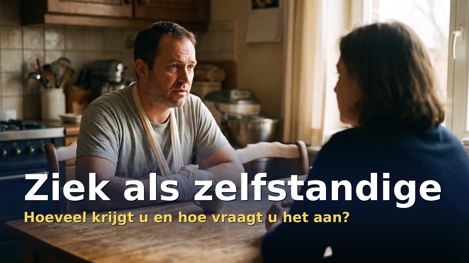 Ziekte-uitkering zelfstandige: zelfstandige met een arm in een draagdoek praat aan de keukentafel met zijn partner